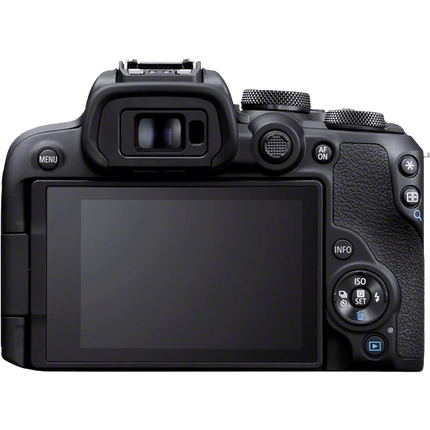 Canon EOS R10, black, rear view showing LCD screen and controls