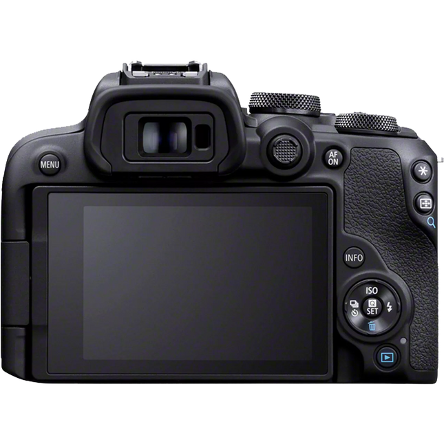 Canon EOS R10, black, rear view showing LCD screen and controls