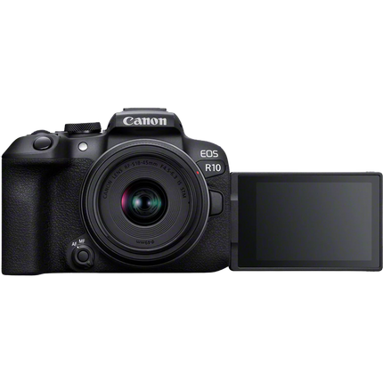 Canon EOS R10, black, front angled three-quarter view with lens