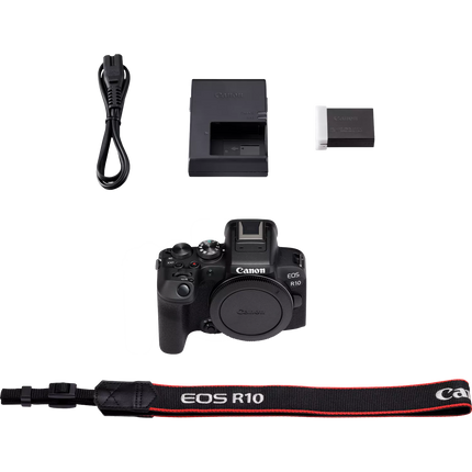 Canon EOS R10, black, box contents flat lay with accessories