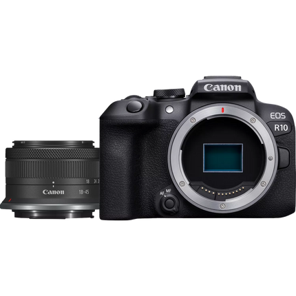 Canon EOS R10, black, front view with kit lens attached