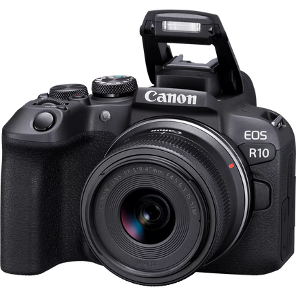 Canon EOS R10, black, angled front view with lens attached