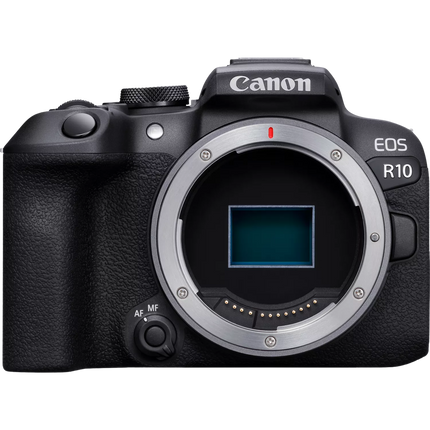 Canon EOS R10, black, front view body only, sensor exposed