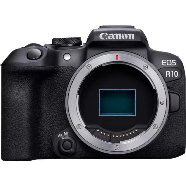 Canon EOS R10, black, front view body only, sensor exposed