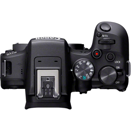 Canon EOS R10, black, top view showing mode dials and controls