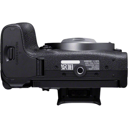 Canon EOS R10, black, right side view showing port doors