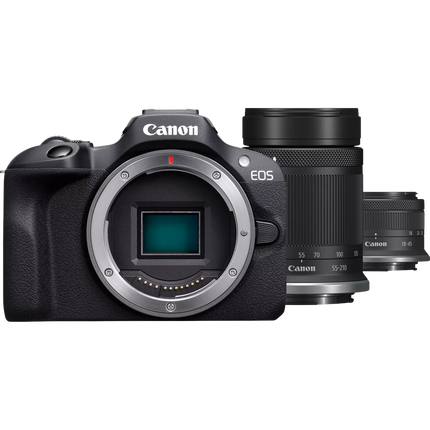 Canon EOS R100 Mirrorless Camera, black, angled front view with two lenses