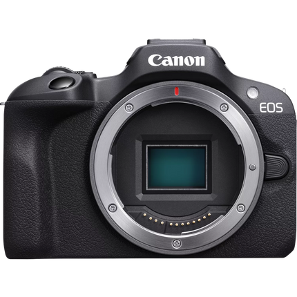 Canon EOS R100 Mirrorless Camera, black, front view body only, sensor exposed