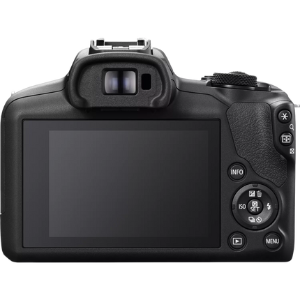 Canon EOS R100 Mirrorless Camera, black, rear view showing LCD and controls
