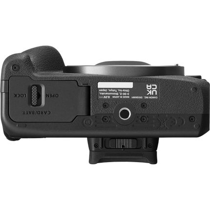 Canon EOS R100 Mirrorless Camera, black, bottom view showing tripod mount
