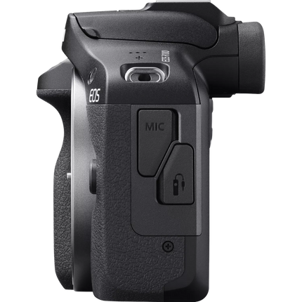 Canon EOS R100 Mirrorless Camera, black, left side view showing ports