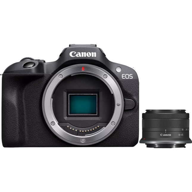 Canon EOS R100 Mirrorless Camera, black, front view with RF-S 18-45mm lens