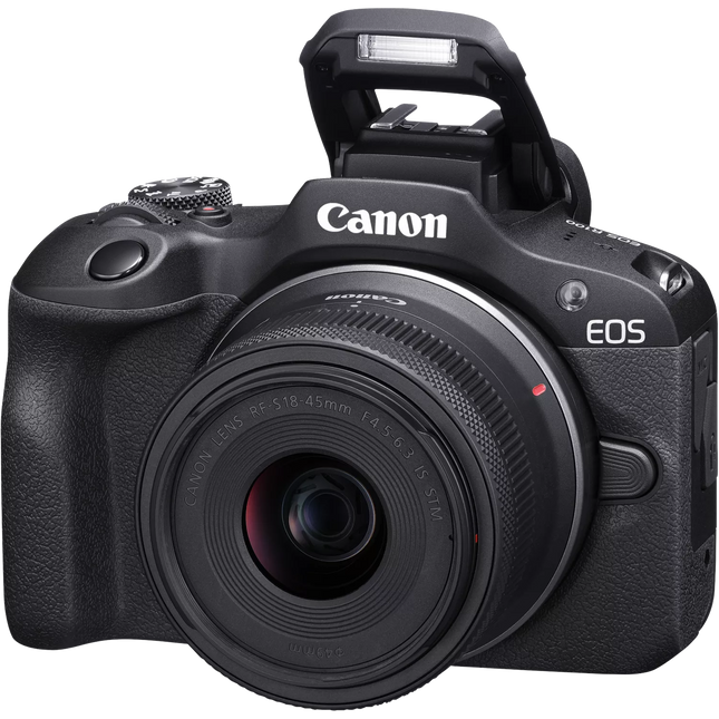 Canon EOS R100 Mirrorless Camera, black, angled front view with lens and flash up
