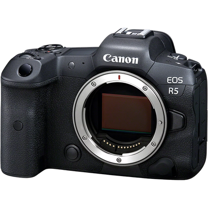 Canon EOS R5, black, front angled view, body only, sensor exposed
