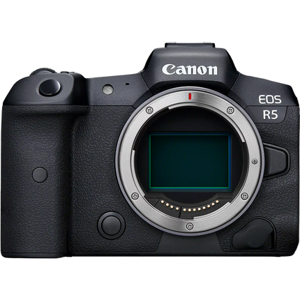 Canon EOS R5, black, front view, body only, sensor exposed