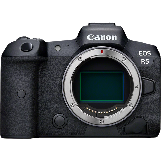 Canon EOS R5, black, front view, body only, sensor exposed