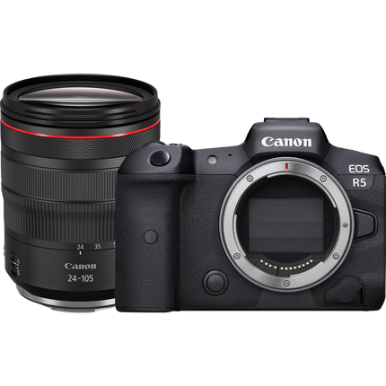 Canon EOS R5 with Canon RF 24-105mm f/4L lens, black, front angled view