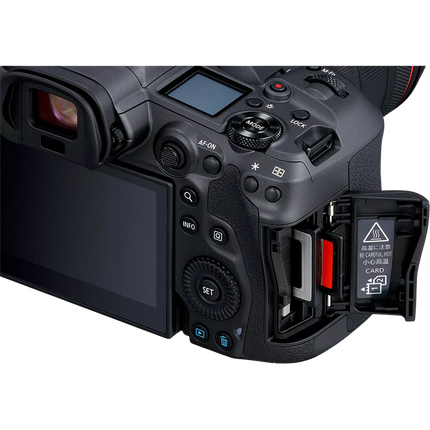 Canon EOS R5, black, rear angled view showing card slot open with card inserted