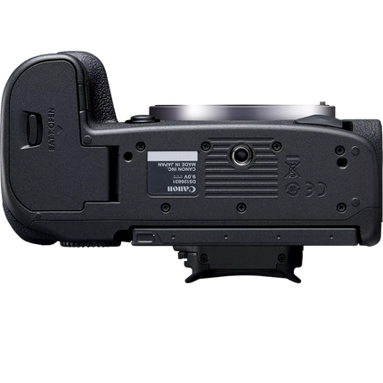 Canon EOS R5, black, bottom view showing battery/card compartment