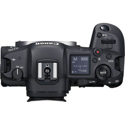 Canon EOS R5, black, top view showing mode dial, LCD panel, and hot shoe