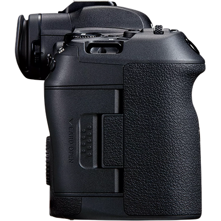 Canon EOS R5, black, right side view showing grip and controls