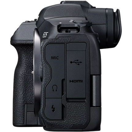 Canon EOS R5, black, left side view showing HDMI and MIC port covers