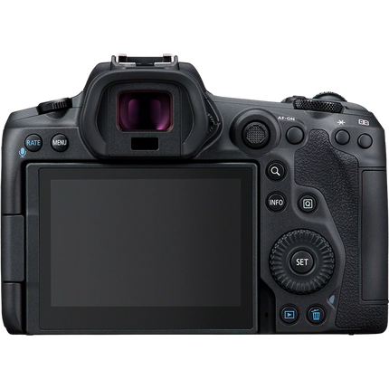 Canon EOS R5, black, rear view showing tilted LCD and controls