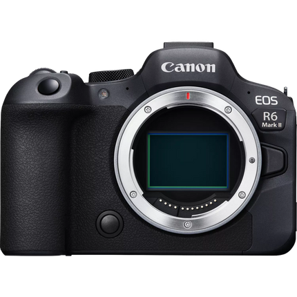 Canon EOS R6 Mark II, black, front view, body only, sensor exposed