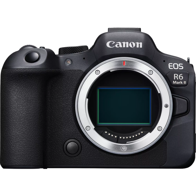 Canon EOS R6 Mark II, black, front view, body only, sensor exposed