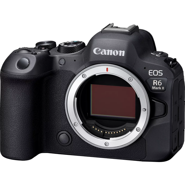 Canon EOS R6 Mark II, black, front angled view, body only, sensor exposed