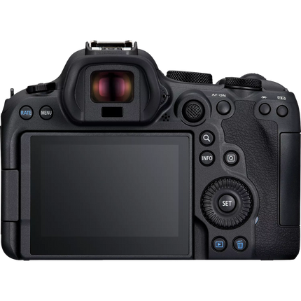Canon EOS R6 Mark II, black, rear view showing LCD and controls