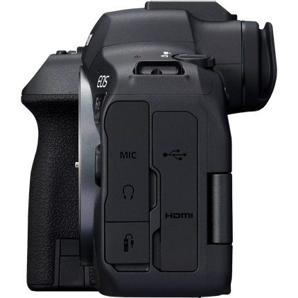 Canon EOS R6 Mark II, black, left side view showing port covers