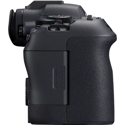 Canon EOS R6 Mark II, black, right side view showing card slot open with card