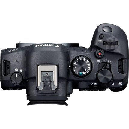 Canon EOS R6 Mark II, black, top view showing mode dial and hot shoe