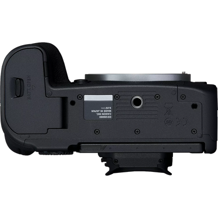 Canon EOS R6 Mark II, black, bottom view showing battery/card compartment
