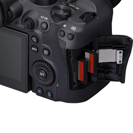 Canon EOS R6 Mark II, black, rear angled view showing card slot open with card