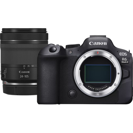 Canon EOS R6 Mark II with RF 24-105mm f/4-7.1 lens, black, angled front view showing sensor