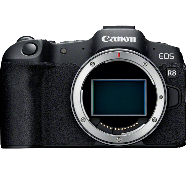 Canon EOS R8, black, front view, body only, sensor exposed