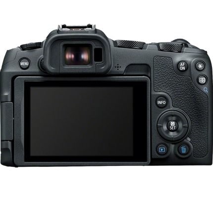 Canon EOS R8, black, rear view showing LCD and controls
