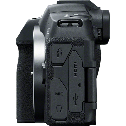 Canon EOS R8, black, left side view showing HDMI and MIC port covers