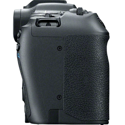 Canon EOS R8, black, right side view showing grip and card slot area