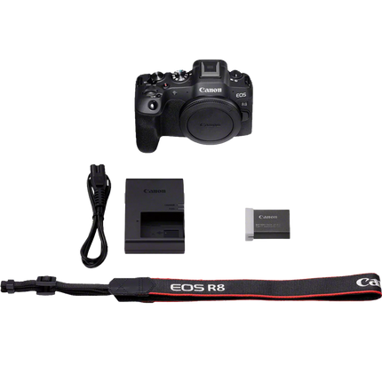 Canon EOS R8, black, box contents flat-lay with camera body, charger, strap, battery