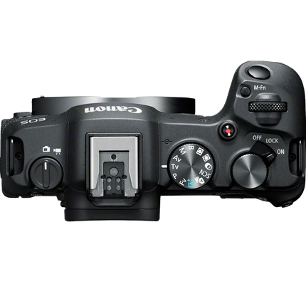 Canon EOS R8, black, top view showing mode dial and hot shoe