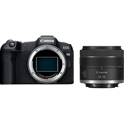 Canon EOS R8 with RF 24-50mm f/4.5-6.3 lens, black, front angled view