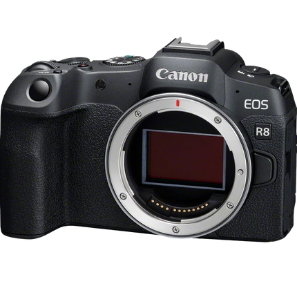 Canon EOS R8, black, front view, body only, sensor exposed (alternate angle)