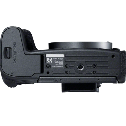 Canon EOS R8, black, bottom view showing battery compartment and tripod mount