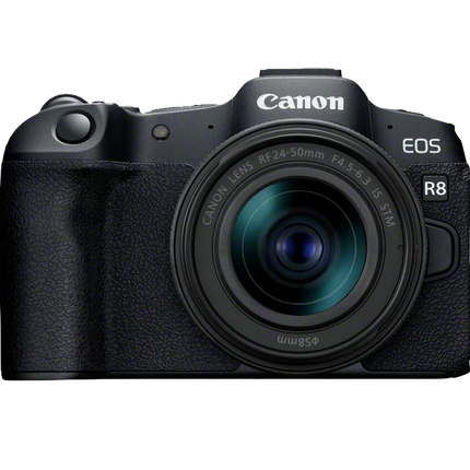 Canon EOS R8, black, front view with RF 24-50mm lens attached