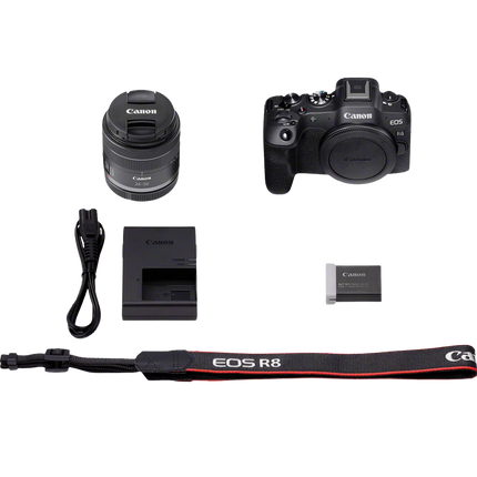 Canon EOS R8, black, box contents flat-lay with camera, lens, charger, strap