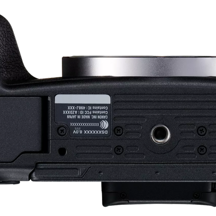 Canon EOS RP, black, bottom view showing battery compartment and tripod mount