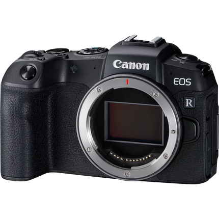 Canon EOS RP, black, front angled view, body only, sensor exposed